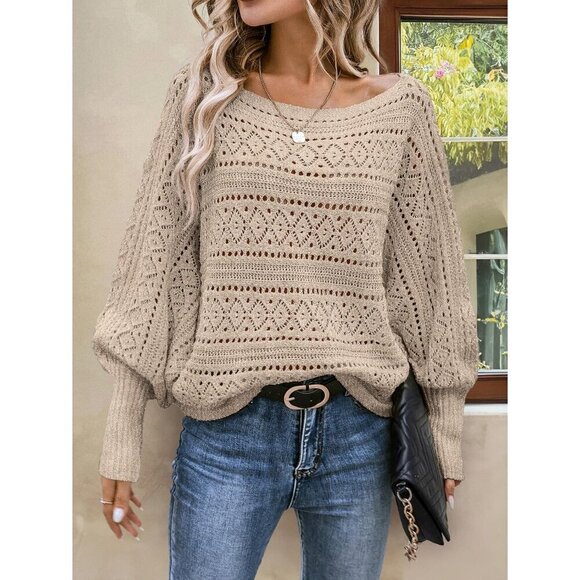 Women's Crochet Off Shoulder Sweater Light Brown Small Oversized Long Sleeve - Picture 3 of 6